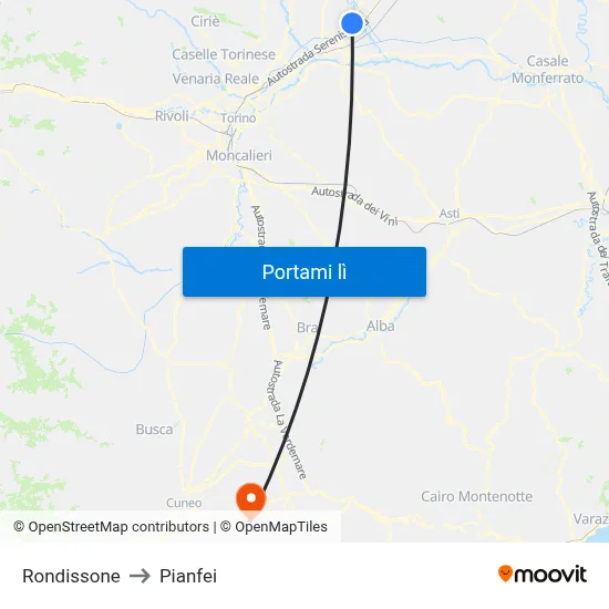 Rondissone to Pianfei map