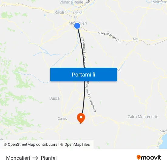 Moncalieri to Pianfei map