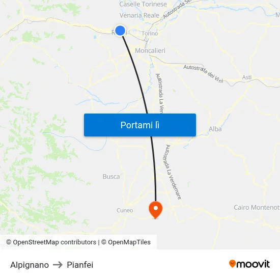 Alpignano to Pianfei map