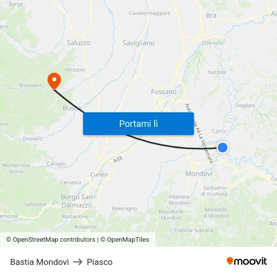 Bastia Mondovì to Piasco map