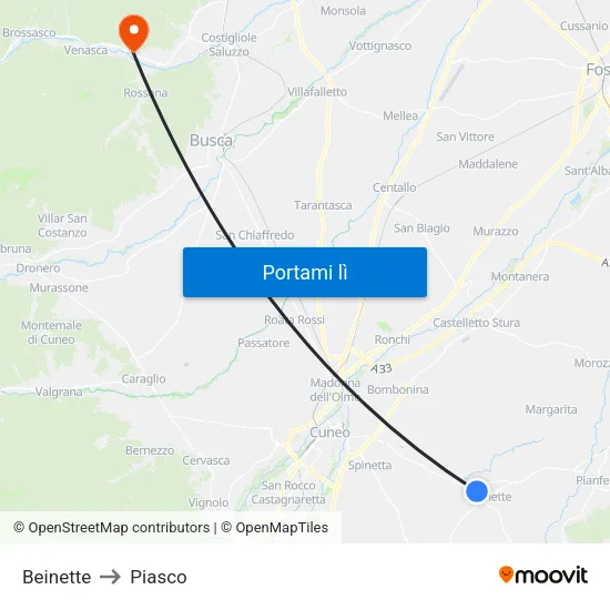 Beinette to Piasco map