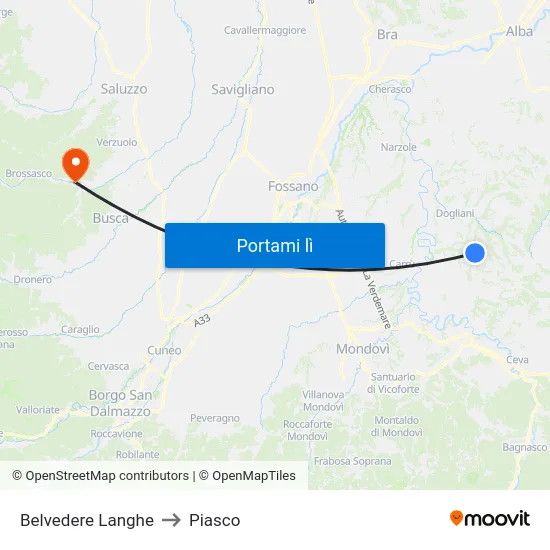 Belvedere Langhe to Piasco map