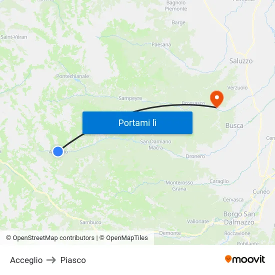 Acceglio to Piasco map