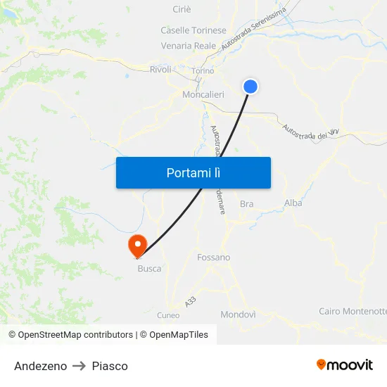 Andezeno to Piasco map