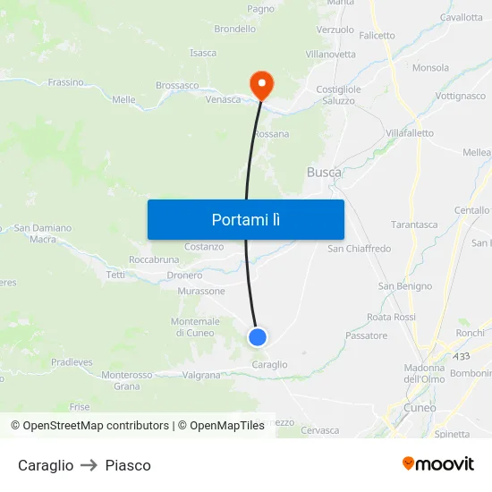 Caraglio to Piasco map