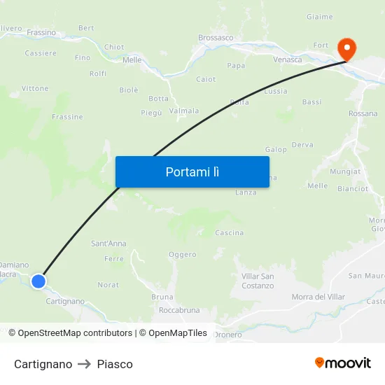 Cartignano to Piasco map