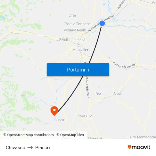Chivasso to Piasco map