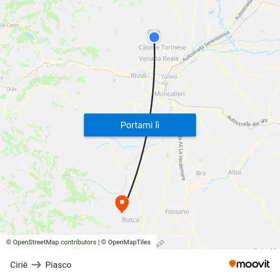 Ciriè to Piasco map