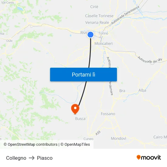 Collegno to Piasco map