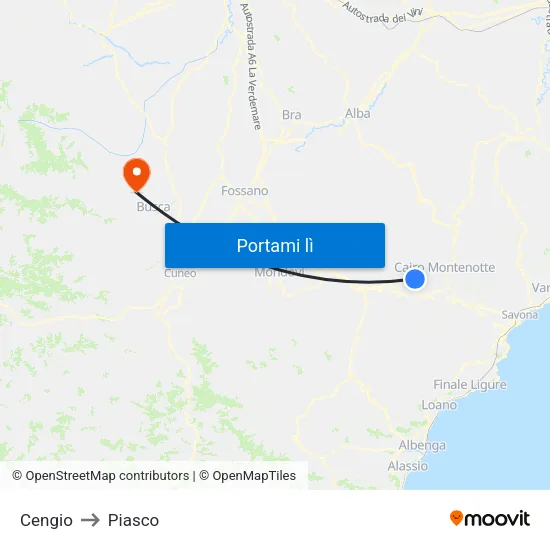 Cengio to Piasco map