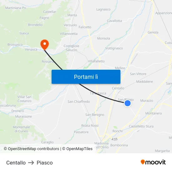Centallo to Piasco map