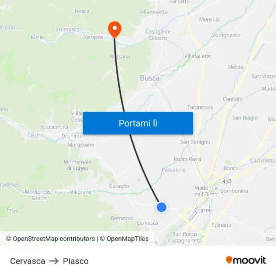 Cervasca to Piasco map