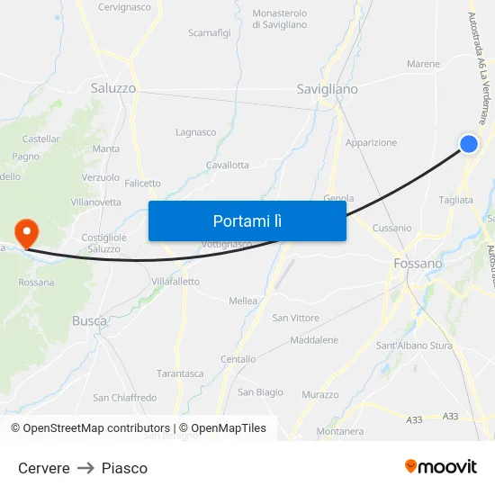 Cervere to Piasco map