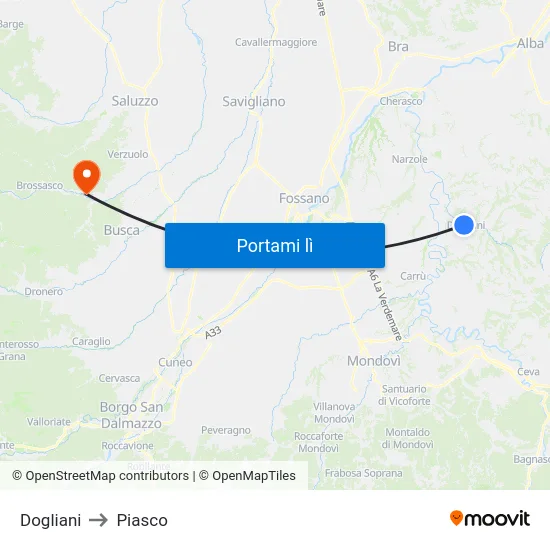 Dogliani to Piasco map