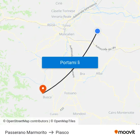 Passerano Marmorito to Piasco map