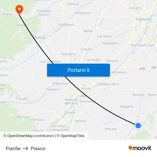 Pianfei to Piasco map
