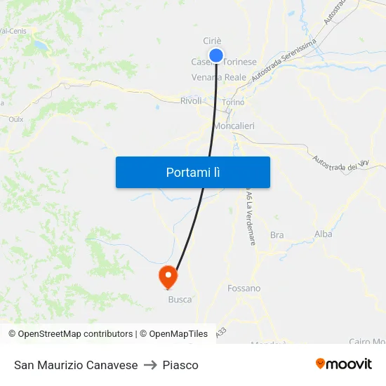 San Maurizio Canavese to Piasco map