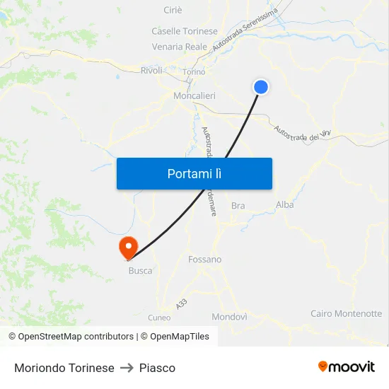 Moriondo Torinese to Piasco map