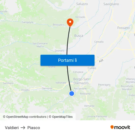 Valdieri to Piasco map