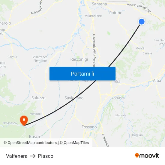 Valfenera to Piasco map