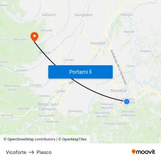 Vicoforte to Piasco map