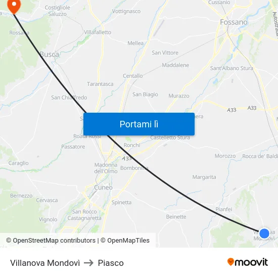 Villanova Mondovì to Piasco map
