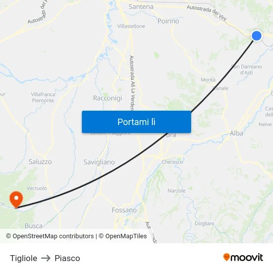 Tigliole to Piasco map