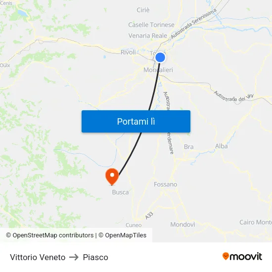 Vittorio Veneto to Piasco map