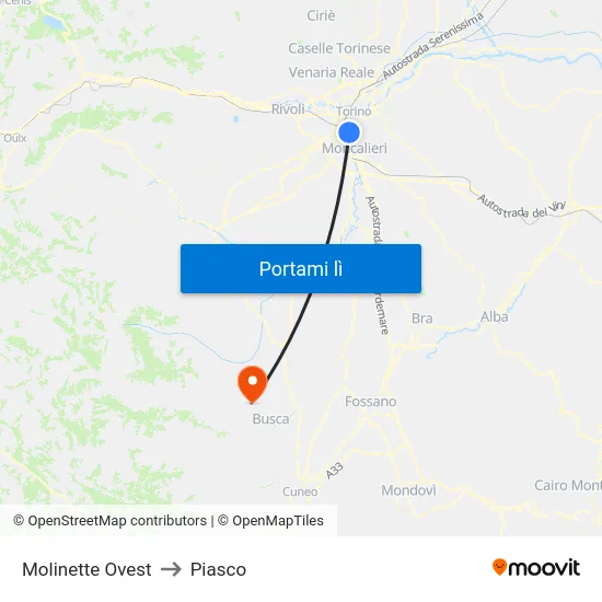 Molinette Ovest to Piasco map