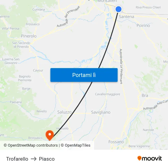 Trofarello to Piasco map