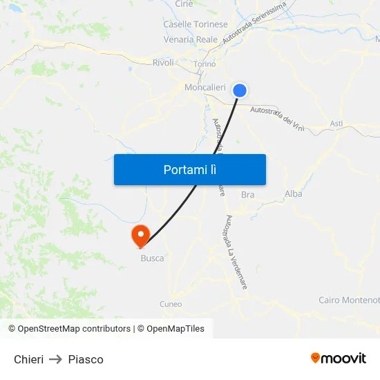 Chieri to Piasco map