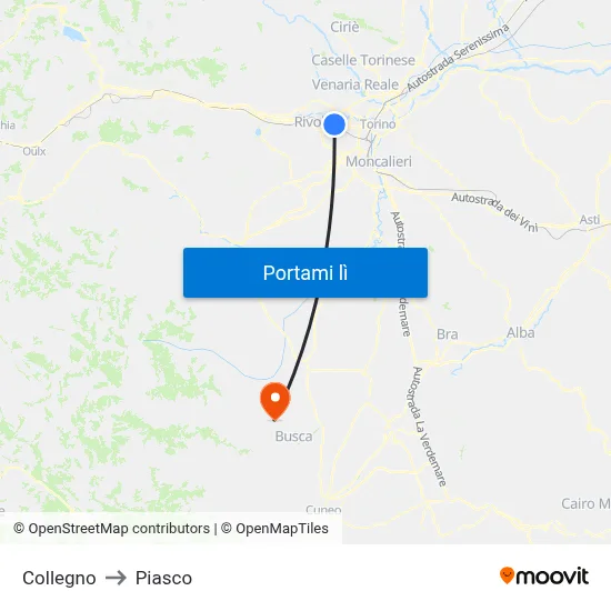Collegno to Piasco map