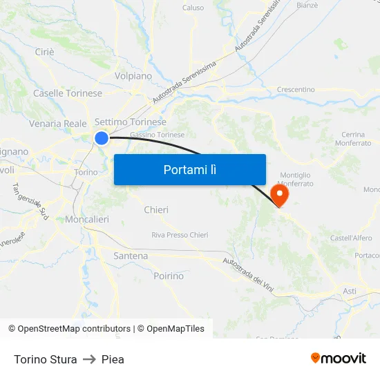 Torino Stura to Piea map