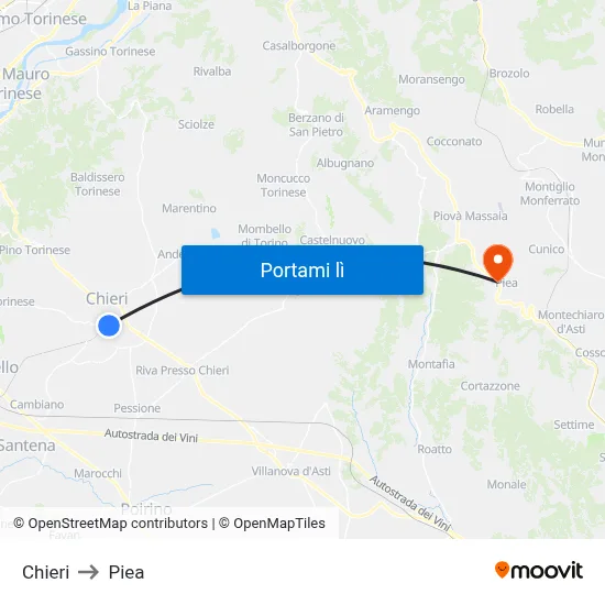 Chieri to Piea map