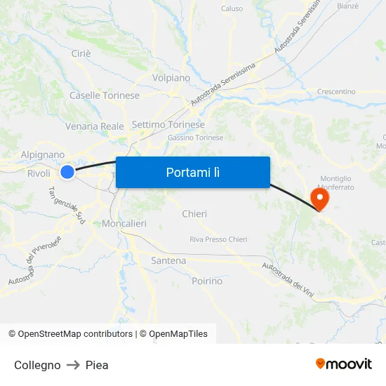 Collegno to Piea map