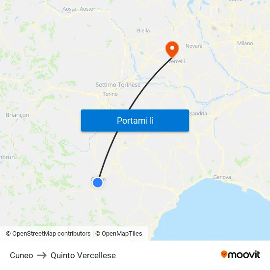 Cuneo to Quinto Vercellese map