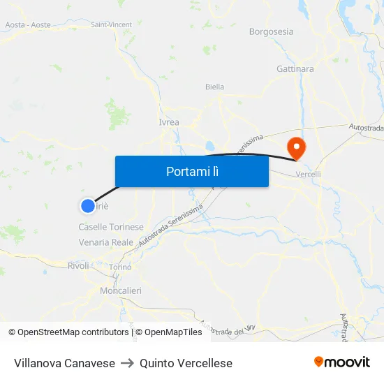 Villanova Canavese to Quinto Vercellese map