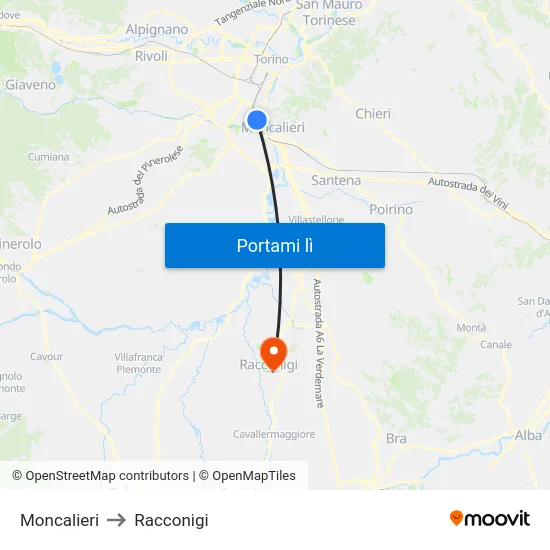 Moncalieri to Racconigi map