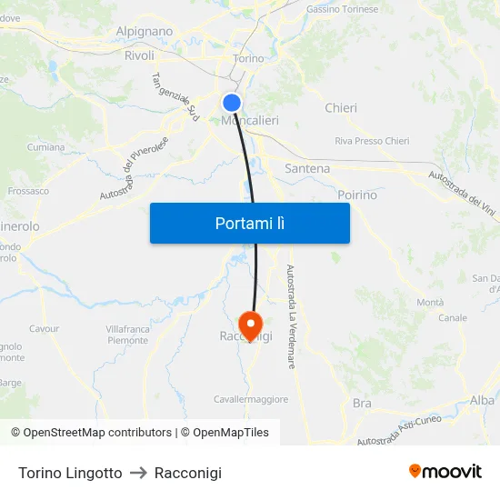 Torino Lingotto to Racconigi map
