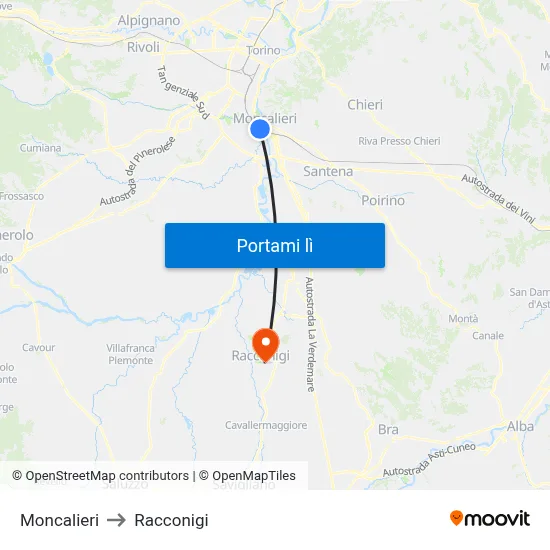 Moncalieri to Racconigi map