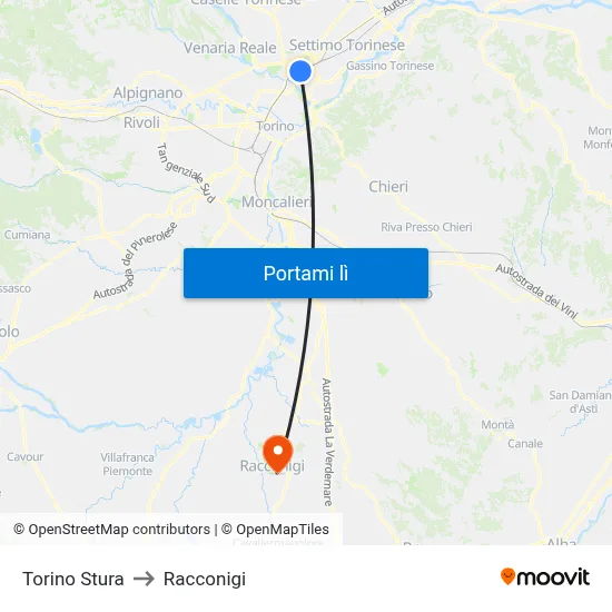 Torino Stura to Racconigi map