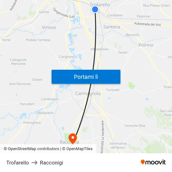 Trofarello to Racconigi map