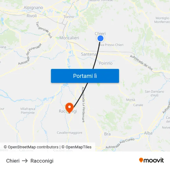 Chieri to Racconigi map