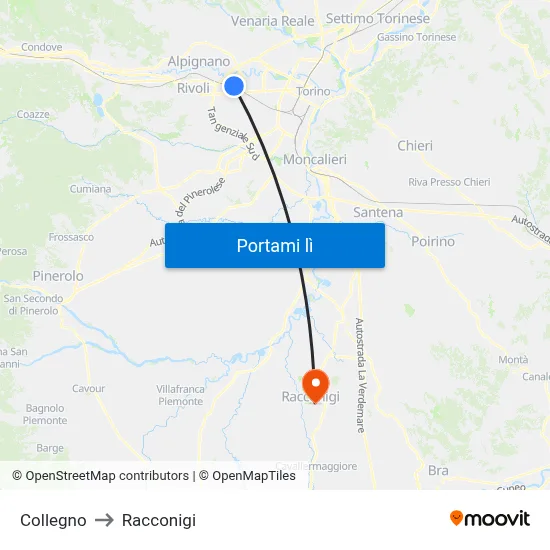 Collegno to Racconigi map