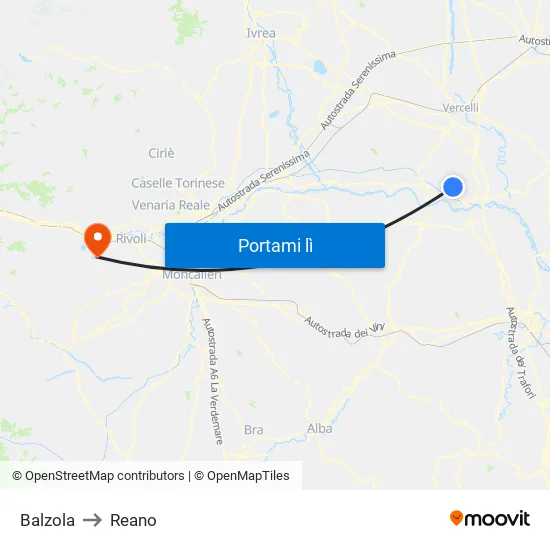 Balzola to Reano map