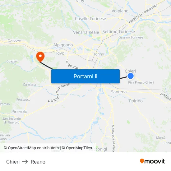 Chieri to Reano map