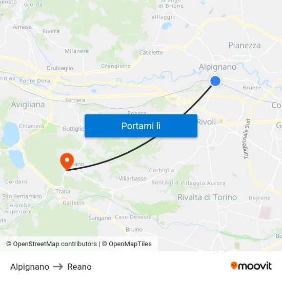 Alpignano to Reano map