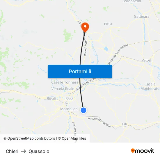 Chieri to Quassolo map