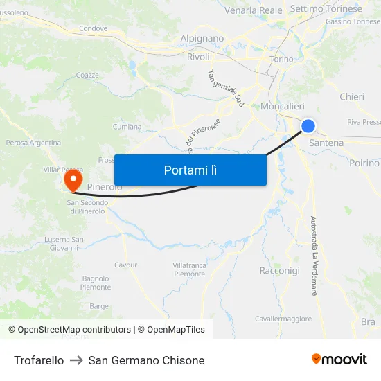 Trofarello to San Germano Chisone map