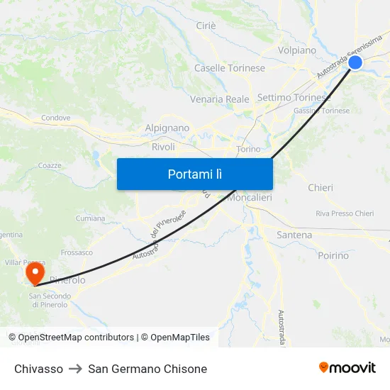 Chivasso to San Germano Chisone map